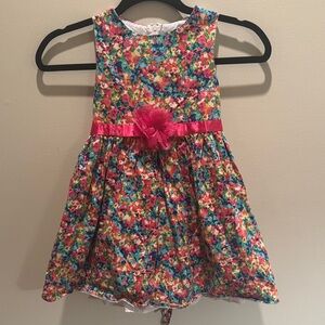 Floral Multicolor Girls Dress with Pink Flower Accent